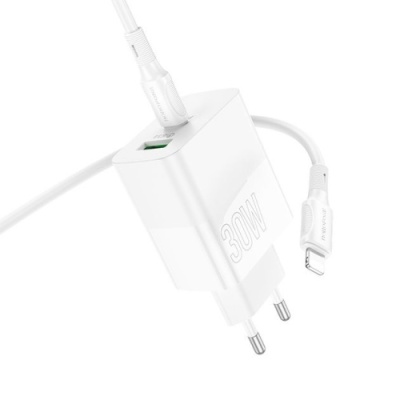 мережевий зарядний пристрій borofone ba75a powerfull 1usb/18w/qc3.0 + 1type-c/30w/pd + (type-c - lightning) (бiлий) 
