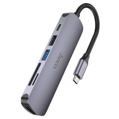 usb hub hoco hb28 type-c multi-function converter (hdtv+usb3.0+usb2.0+sd+tf+pd) (металево-сірий) 