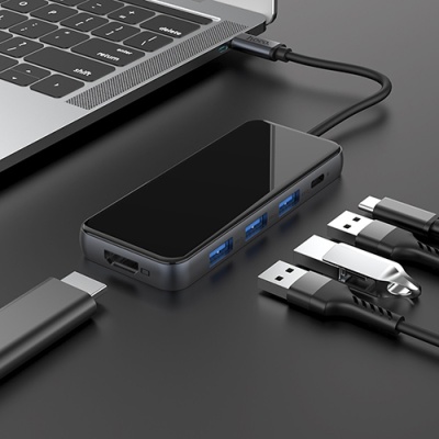 usb hub hoco hb15 (type-c to usb3.0*3+hdmi+pd) (сірий) 