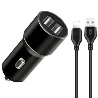 Автомобільний Зарядний Пристрій XO TZ08 2USB/2.1A + (USB - Lightning) (Чорний)