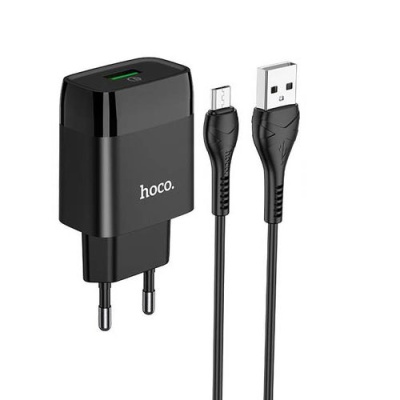 мережевий зарядний пристрій hoco c72q 1usb/18w/qc3.0 + (usb - microusb) (чорний) 