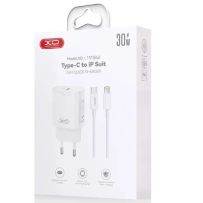 мережевий зарядний пристрій xo l131 1type-c/30w/pd + (type-c - lightning) (бiлий) 