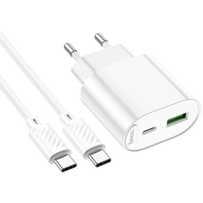 мережевий зарядний пристрій hoco c109a new 1usb/18w/qc3.0 + 1type-c/20w/pd + (type-c - type-c) (білий) 