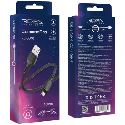 кабель ridea rc-co10 commonpro 60w usb - microusb 3a/1m (чорний) 