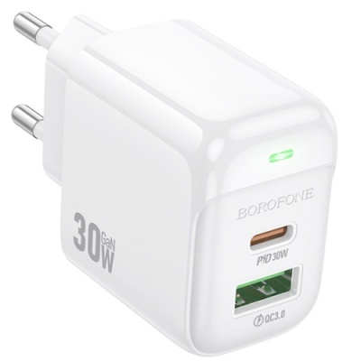 мережевий зарядний пристрій borofone bas45a 1usb/18w/qc3.0 + 1type-c/30w/pd (білий) 