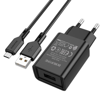 мережевий зарядний пристрій borofone ba68a 1usb/2.1a + (usb - microusb) (чорний) 