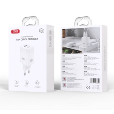 мережевий зарядний пристрій xo ce36 gan 1usb/18w/qc3.0 + 1type-c/45w/pd (бiлий) 