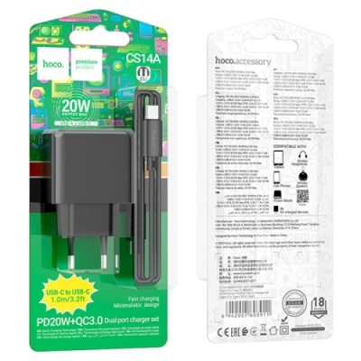 мережевий зарядний пристрій hoco cs14a 1usb/18w/qc3.0 + 1type-c/20w/pd + (type-c - type-c) (чорний) 