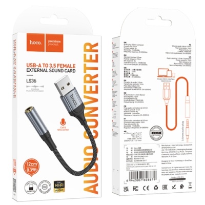 перехідник hoco ls36 usb - aux (3.5mm)(female) 0.12m(чорний) 