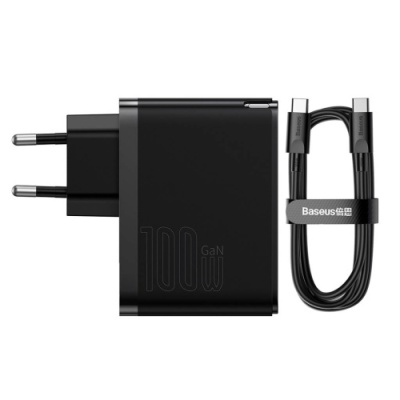 мережевий зарядний пристрій baseus gan5 pro fast charger (ccgp090201) 1usb/30w/qc4.0 + 1type-c/65w/pd3.0 + (type-c - type-c)5a (чорний) 