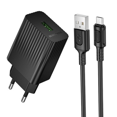мережевий зарядний пристрій borofone bas72a 1usb/18w/qc3.0 + (usb - microusb) (чорний) 