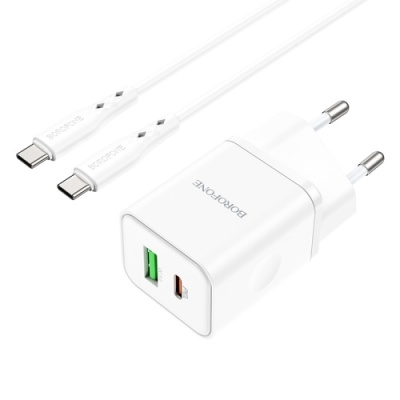мережевий зарядний пристрій borofone bn7 1usb/18w/qc3.0 + 1type-c/20w/pd + (type-c - type-c) (бiлий) 