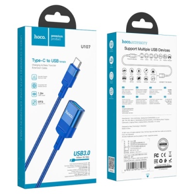 подовжувач usb hoco u107 type-c male to usb female usb3.0 (синій) 