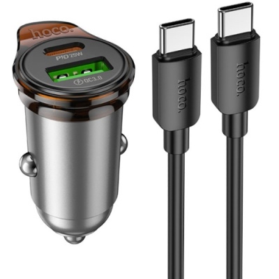 Автомобільний Зарядний Пристрій Hoco NZ16A PD25W+QC3.0 (1USB/1Type-C) + (Type-C - Type-C) (сірий)