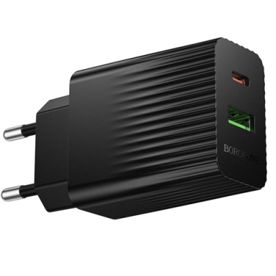 мережевий зарядний пристрій borofone bas74a 1usb/18w/qc3.0 + 1type-c/20w/pd (чорний) 