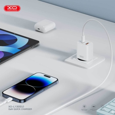 мережевий зарядний пристрій xo l130 (nb189a) 1usb/18w/qc3.0 + 1type-c/30w/pd + (type-c - lightning) (бiлий) 