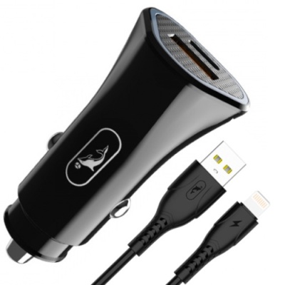 Автомобільний Зарядний Пристрій SkyDolphin SZ16L 1USB/18W/QC3.0 + 1Type-C/18W/PD + (USB - Lightning) (Чорний)