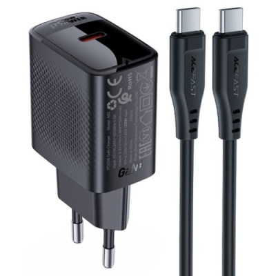 мережевий зарядний пристрій acefast a82 pd20w (1type-c) + type-c - type-c (чорний) 