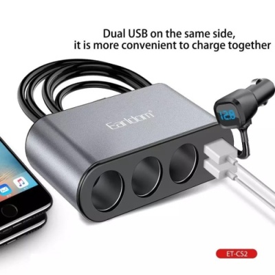 Розгалужувач прикурювача Earldom ET-CS2 (3порта + 2USB) 5V/3.1A/120W (Чорний)