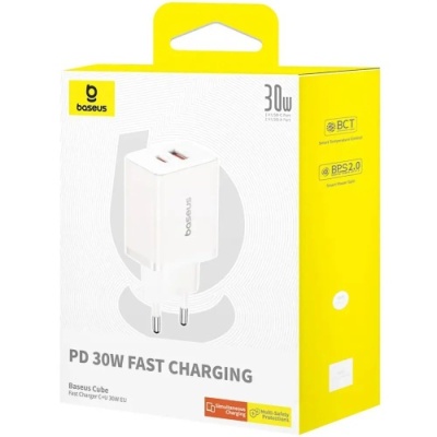 мережевий зарядний пристрій baseus cube fast charger (p10111404213-00) 1usb/18w/qc3.0 + 1type-c/30w/pd (білий) 