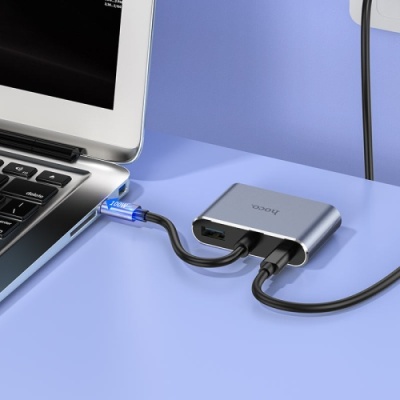 usb hub hoco hb30 type-c eco type-c multi-function converter(hdtv+vga+usb3.0+pd) metal grey 
