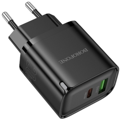 мережевий зарядний пристрій borofone ba83a 1usb/18w/qc3.0 + 1type-c/20w/pd (чорний) 