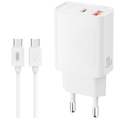 мережевий зарядний пристрій xo l161 1usb/18w/qc3.0 + 1type-c/20w/pd + (type-c - type-c) (бiлий) 