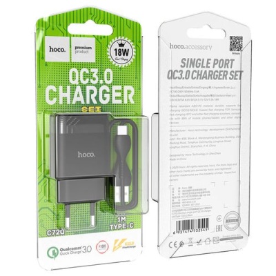 мережевий зарядний пристрій hoco c72q 1usb/18w/qc3.0 + (usb - type-c) (чорний) 