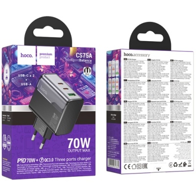 мережевий зарядний пристрій hoco cs75a 1usb/18w/qc3.0 + 2type-c/70w/pd (чорний) 