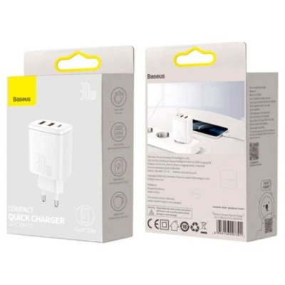мережевий зарядний пристрій baseus cube fast charger eu cluster (p10111402213-00) 2usb/qc3.0 + 1type-c/30w/pd (білий) 