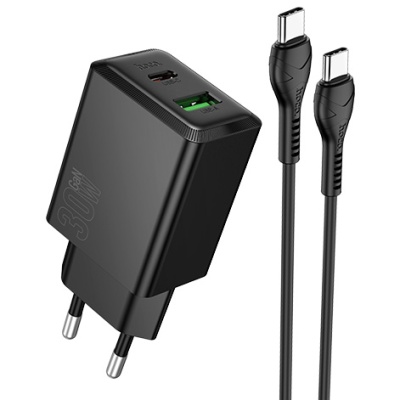 мережевий зарядний пристрій hoco n71 1usb/18w/qc3.0 + 1type-c/30w/pd + (type-c - type-c) (чорний) 