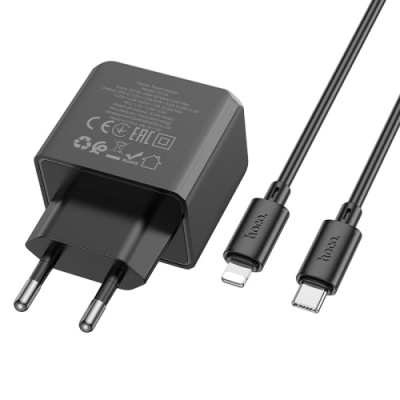 мережевий зарядний пристрій hoco cs15a 1type-c/30w/pd + (type-c - lightning) (чорний) 