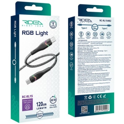 кабель ridea rc-rl15 rgb light type-c - type-c 60w 1.2m (чорний) 