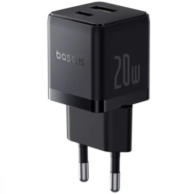 мережевий зарядний пристрій baseus palm fast charger (p10111608113-00) 1usb/qc3.0 + 1type-c/pd 20w (чорний) 