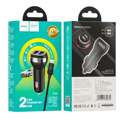 Автомобільний Зарядний Пристрій Hoco Z40 2USB/2.4A + (USB - Lightning) (Чорний)