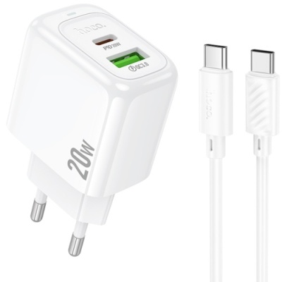 мережевий зарядний пристрій hoco cs54a 1usb/18w/qc3.0 + 1type-c/20w/pd + (type-c - type-c) (білий) 
