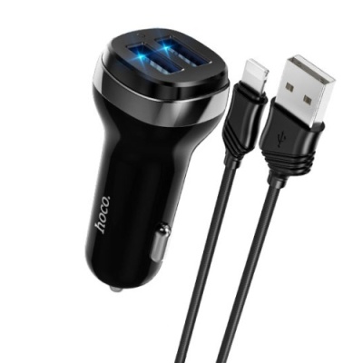 Автомобільний Зарядний Пристрій Hoco Z40 2USB/2.4A + (USB - Lightning) (Чорний)