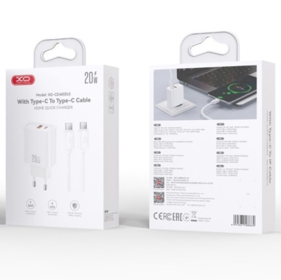 мережевий зарядний пристрій xo ce40 1usb/18w/qc3.0 + 1type-c/20w/pd + (type-c - type-c) (бiлий) 