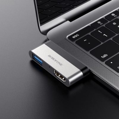 перехідник borofone dh2 type-c to hdmi+usb3.0 adapter (сталево-чорний) 