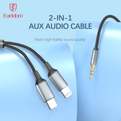 кабель aux earldom et-aux71 2in1 3.5mm minijack to lightning/type-c 120см black 