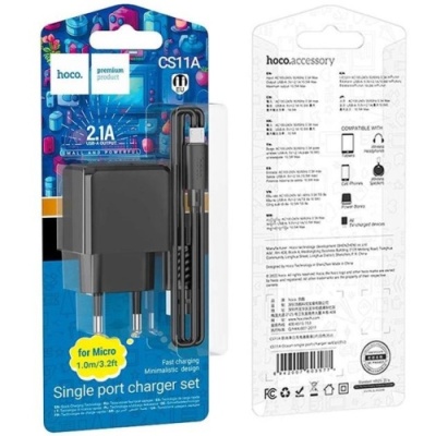 мережевий зарядний пристрій hoco cs11a 1usb/2.1a + (usb - microusb) (чорний) 