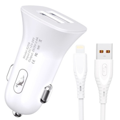 Автомобільний Зарядний Пристрій SkyDolphin SZ09L 2USB/3.4A/15W + (USB - Lightning) (Білий)