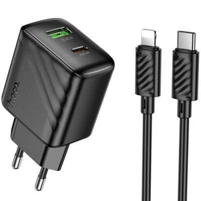 мережевий зарядний пристрій hoco cs25a 1usb/18w/qc3.0 + 1type-c/20w/pd + (type-c - lightning) (чорний) 