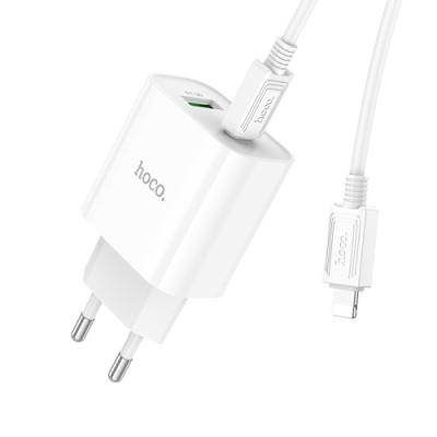 мережевий зарядний пристрій hoco c80a plus 1usb/18w/qc3.0 + 1type-c/20w/pd + (type-c - lightning) (білий) 