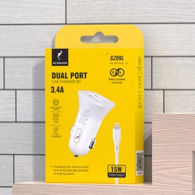 Автомобільний Зарядний Пристрій SkyDolphin SZ09L 2USB/3.4A/15W + (USB - Lightning) (Білий)