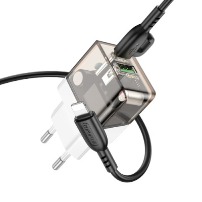 мережевий зарядний пристрій borofone ba80a 1usb/18w/qc3.0 + 1type-c/20w/pd + (type-c - lightning) (прозоро-чорний) 