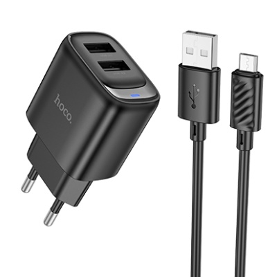 мережевий зарядний пристрій hoco c141a smart dual-port charger set 2usb/2.1a + (usb - microusb) (чорний) 
