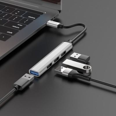 usb hub hoco hb26 4-in-1 adapter (type-c to usb3.0+usb2.0*3) (сріблястий) 
