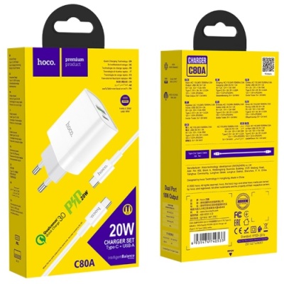 мережевий зарядний пристрій hoco c80a 1usb/18w/qc3.0 + 1type-c/20w/pd + (type-c - type-c) (білий) 