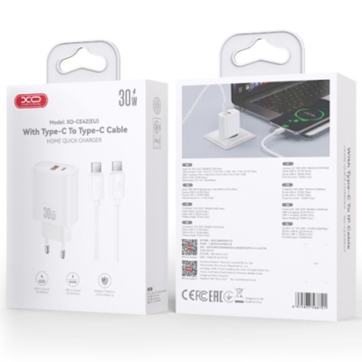 мережевий зарядний пристрій xo ce42 1usb/18w/qc3.0 + 1type-c/30w/pd + (type-c - type-c) (бiлий) 